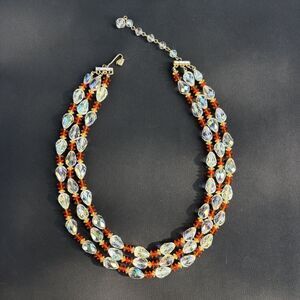 Vendome Vintage Crystal Multi Strand Necklace AB Finish Orange Red Beads 17 in